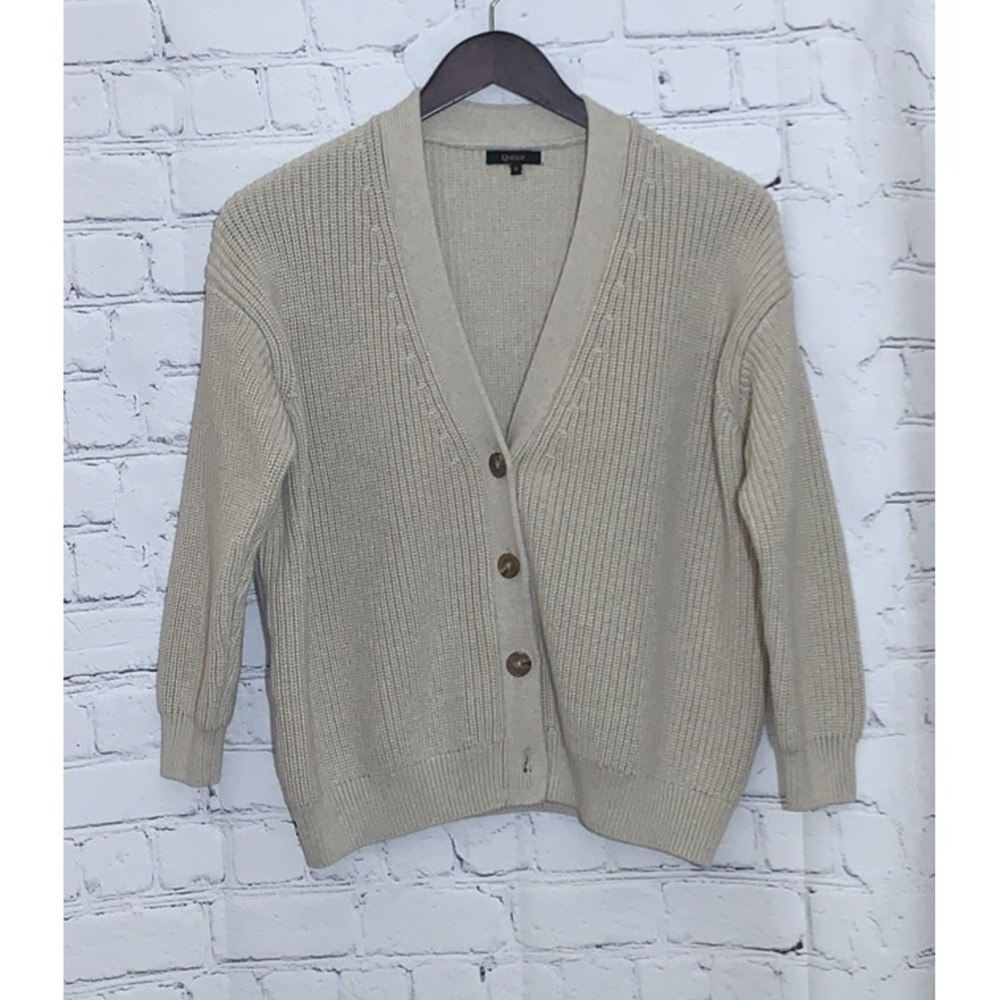 Quince Boyfriend Cardigan Womens Medium Organic Cotton Oversized Speckled Beige